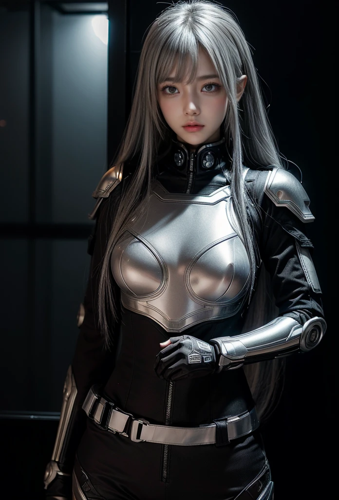 cyber angel,machine wing,{{Sci-Fi Armor}},cyber suit,cyberpunk,science fiction,cyber battle armor,Battledress,Military Uniforms,pants,black military uniform,whole body,Height: 168cm,almond shape eyes,{{{{{silver eyes}}}}},{{{{{dull bangs}}}}},(slanted eyes},{{whole body},{{{1 girl}}}, long hair, straight hair,{{{{silver hair}}}},{{{tsurime}}},30 years old,{Medium chest},{{bush}},silver eyes,{{{masterpiece}}}, {{{highest quality}}}, {{Super detailed}}, {shape}, {{very delicate and beautiful}},very detailed,detailed perfect,detailed hyper,Abundant thighs,big ass,black clothes