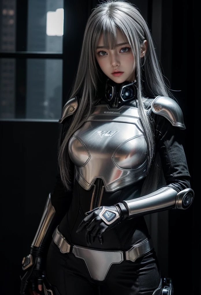 cyber angel,machine wing,{{Sci-Fi Armor}},cyber suit,cyberpunk,science fiction,cyber battle armor,Battledress,Military Uniforms,pants,black military uniform,whole body,Height: 168cm,almond shape eyes,{{{{{silver eyes}}}}},{{{{{dull bangs}}}}},(slanted eyes},{{whole body},{{{1 girl}}}, long hair, straight hair,{{{{silver hair}}}},{{{tsurime}}},30 years old,{Medium chest},{{bush}},silver eyes,{{{masterpiece}}}, {{{highest quality}}}, {{Super detailed}}, {shape}, {{very delicate and beautiful}},very detailed,detailed perfect,detailed hyper,Abundant thighs,big ass,black clothes