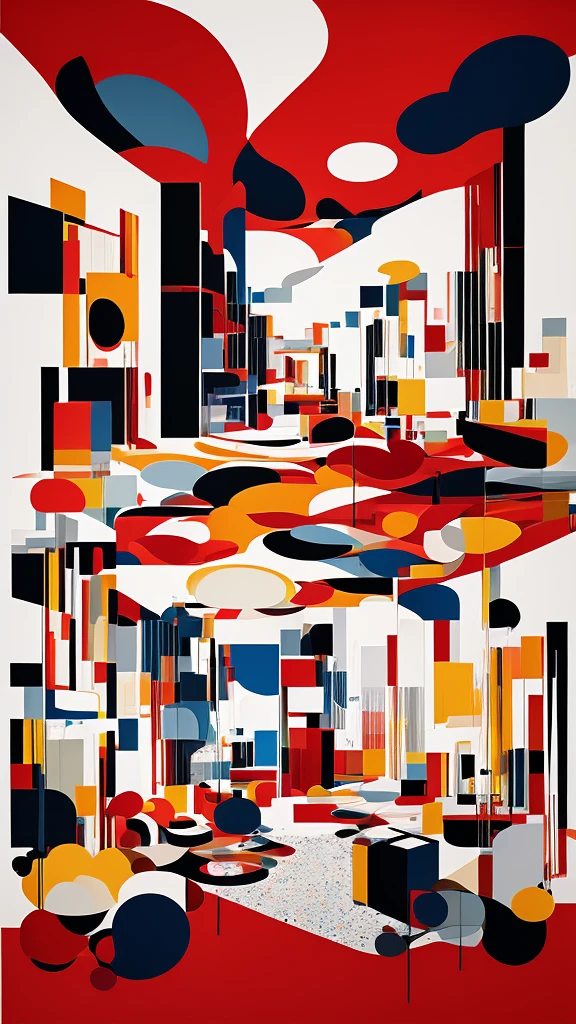 large-scale, art deco painting, Georges Lepape, Pop Art, Abstract, Minimalist interior room, White Room, Straight、deep red