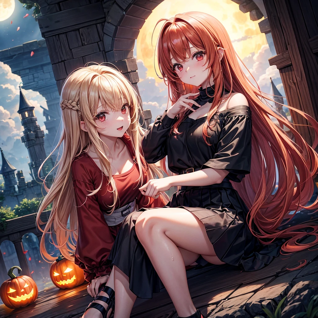 Red-blonde、Red eyes、One cute girl、solo、And soul、Light clothing、Checked mini skirt、petal、Wet hair、Sit on、black t-shirts、large tree、cloud、full moon、monster castle、Lantern in the shape of a pumpkin、Hell's Gate、Craft Gatekeeper、barefoot、Stones are piled up、Teeth are visible、Secret Treasure、Wooden chair、Moss grows、Fortress City、water is gushing out、Nagashi somen