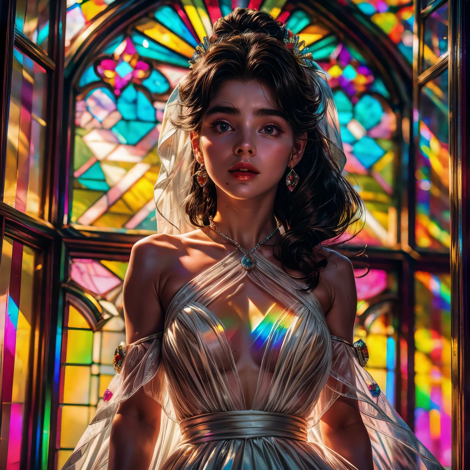 RubyRed (ZoomedOut:1.28) ZoomLayer, TopQuality 8K masterpiece of ((Professional photo)), (((Clarisse de Cagliostro))) (Detailed Delicate White WeddingDresses), Chain, Extremely detailed (KAWAII face) {(VeiledFace)|BlondeHair|(Spanking BuleEyes)}, The background is distant ((Elaborate PrimaryColors stained glass)) Rainbow Glass, MysticSight, GodRays, Radiant PearlSkin with Transparency, (Exposed:0.38)