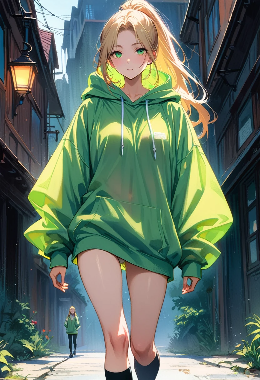 Browsing Caution,((Perfect Anatomy:1.5,Realistic,:1.3,RAW Photos:1.3,masterpiece、Highest quality、Ultra - High resolution、High resolution、Extremely detailed CG、8k)),(((low-angle view)))、Cowboy Shot,1 female,alone,20 year old beauty,(Beautiful and exquisite face and eyes,Big and beautiful eyes),Bright green eyes,(Blonde,ponytail,Long Hair,bangs),(Medium chest,Slender body,Small Head,skinny, Glowing Skin,Oily skin,Glowing Skin),walk,((See-through,See-through,Light green hooded sweatshirt,Oversized hooded sweatshirt,Long sleeve,black_Knee socks,No underwear,Not wearing panties,Mansuji