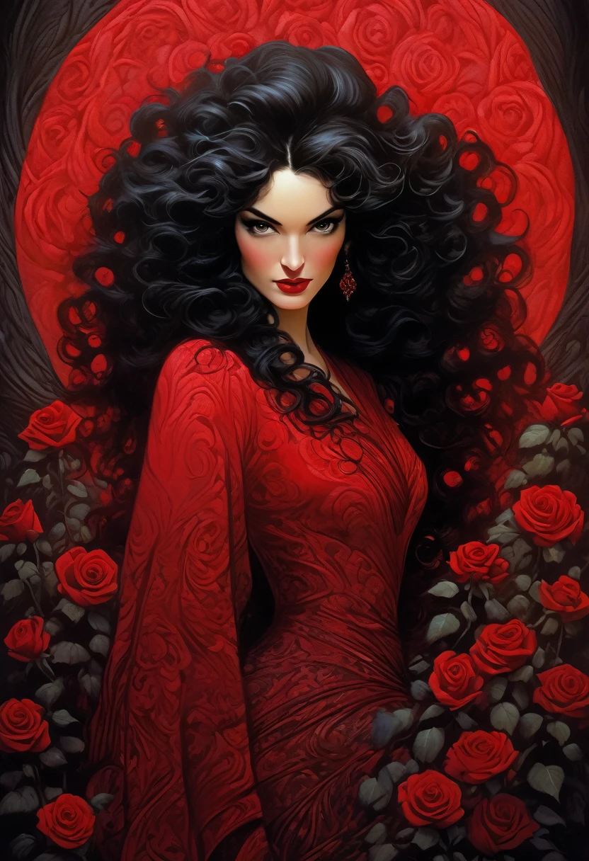 Intricately detailed illustration of a woman with black hair, long and voluminous curly hair, red rose in her left side of hair, Caucasian skin, vibrant red dress with small slit with a black fabric underneath at the bottom showing only in the middle, full body shot shot, Fantastic, Imaginative, visually rich, atmospheric, reference to witchcraft
