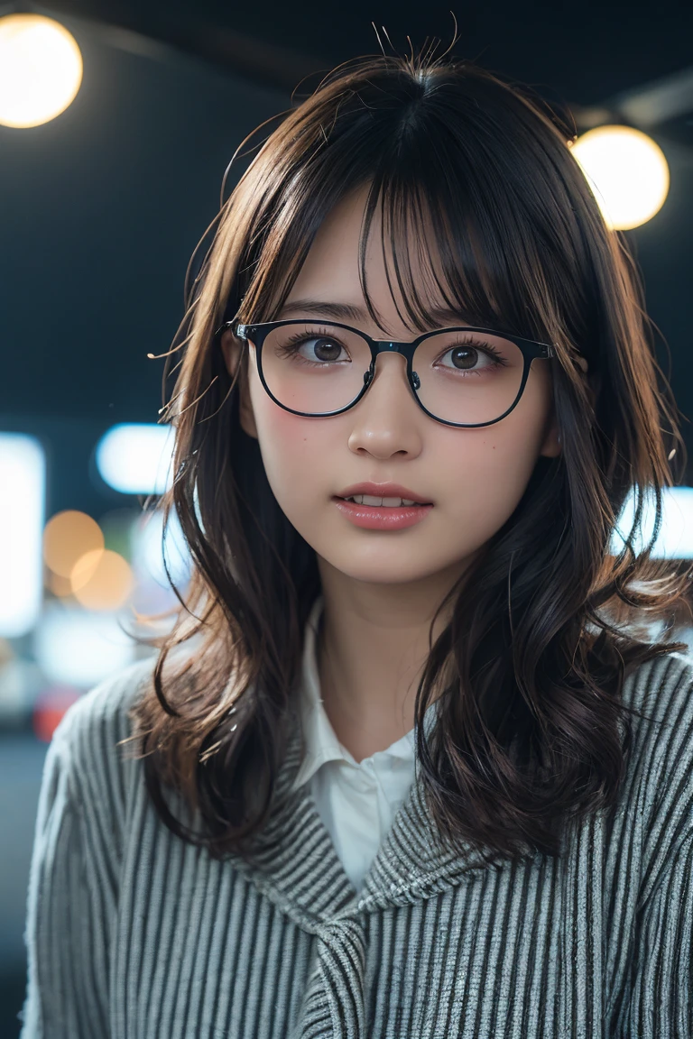 (8k、RAW Photos、Highest quality、masterpiece:1.2)、(Realistic、Photorealistic:1.37)、Ultra-detailed、Ultra-high resolution、1 girl、Seeing the viewer、Beautifully detailed face、Laughter、narrow、(Narrow waist) :1.3)、Chic autumn clothes、Beautifully detailed skin、Skin Texture、Floating Hair、((Curly Hair, Quirky hairstyle, Ahoge))、Professional Lighting、In front of the station at night、((Black square glasses ))、Human whole body、Brown Hair