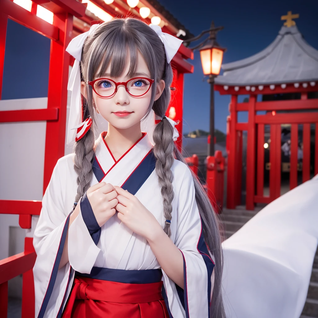 One girl, High resolution, 、solo, Pointy Ears, Blushing, Sticking out tongue, Medium Hair, Blue Eyes、Red and white shrine maiden outfit、Deformation、shrine、Character Design, night、Wear glasses, Side Ponytail, Grey Hair, anime,