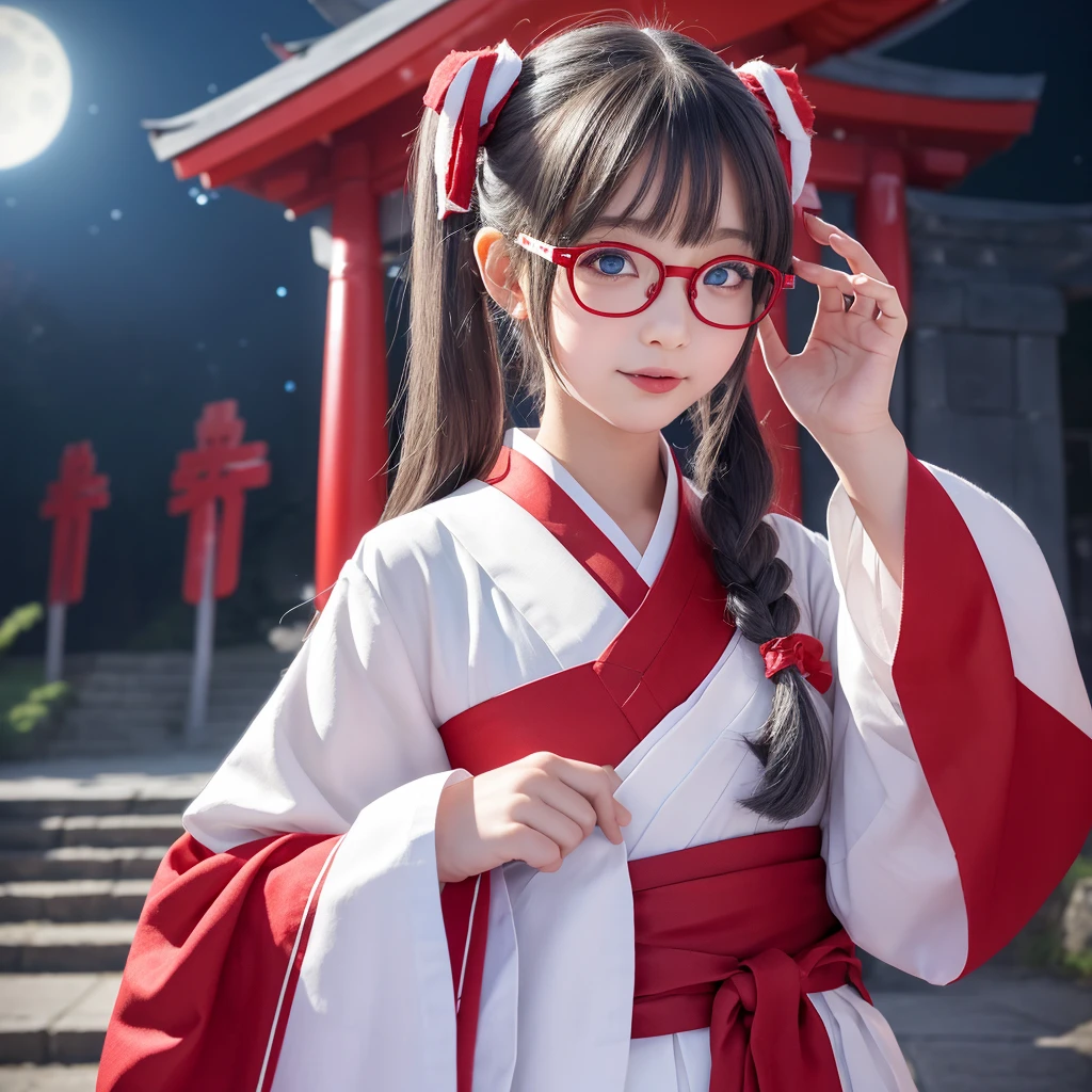 One girl, High resolution, 14 years old、solo, Pointy Ears, Blushing, Sticking out tongue, Medium Hair, Blue Eyes、Red and white shrine maiden outfit、Deformation、shrine、Character Design, night、Wear glasses, Side Ponytail, Grey Hair, anime,