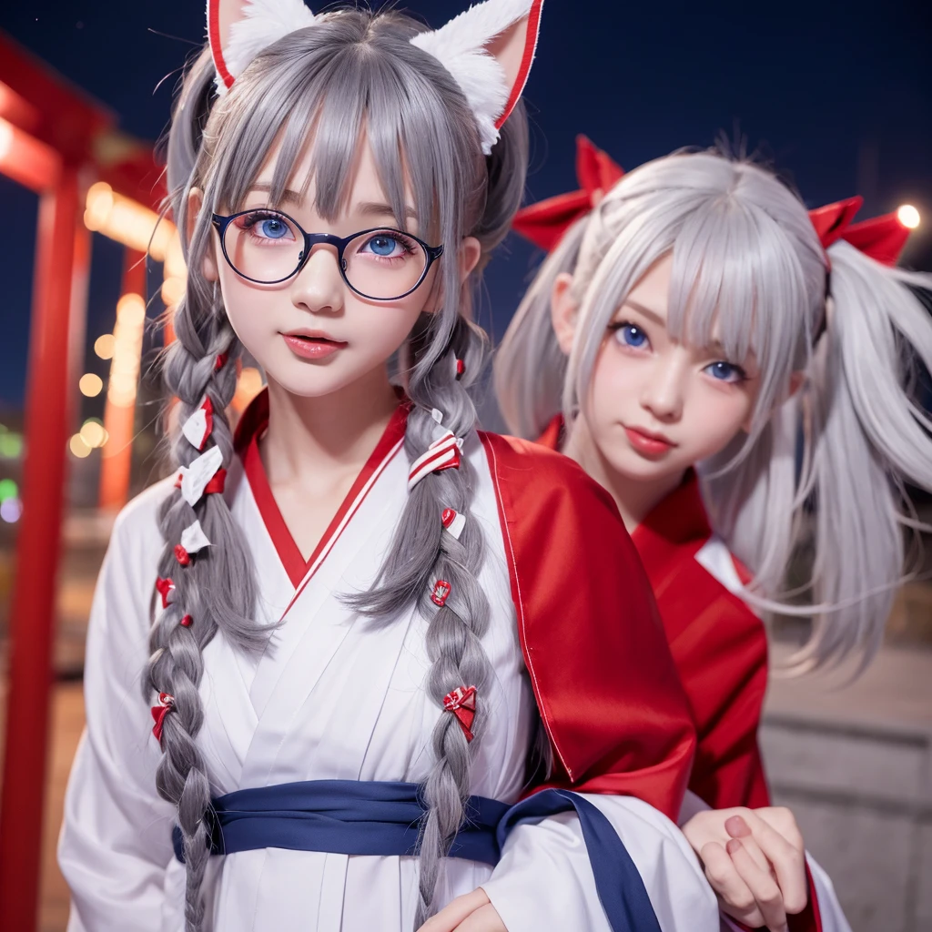 One girl, High resolution, 、solo, Pointy Ears, Blushing, Sticking out tongue, Medium Hair, Blue Eyes、Red and white shrine maiden outfit、Deformation、shrine、Character Design, night、Wear glasses, Side Ponytail, Grey Hair, anime, 