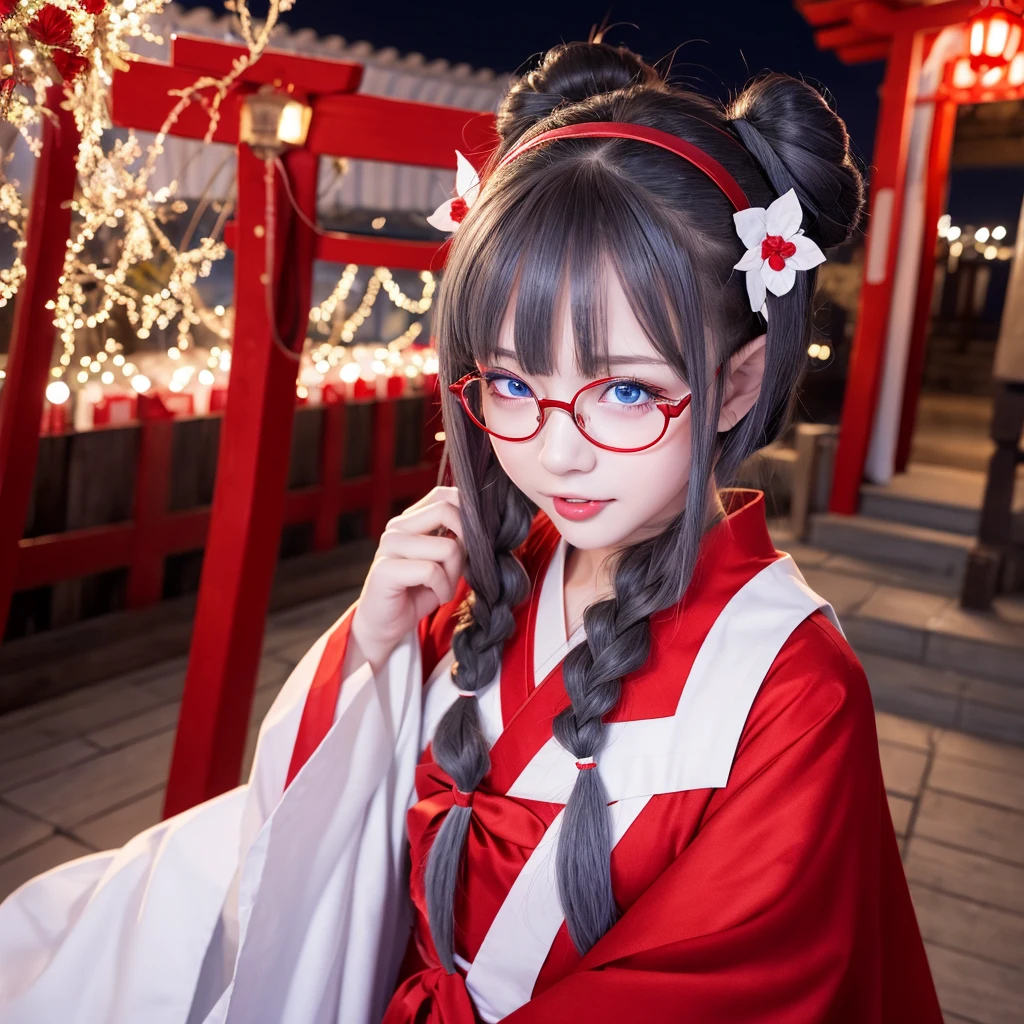 One girl, High resolution, 14 years old、solo, Pointy Ears, Blushing, Sticking out tongue, Medium Hair, Blue Eyes、Red and white shrine maiden outfit、Deformation、shrine、Character Design, night、Wear glasses, Side Ponytail, Grey Hair, anime, 