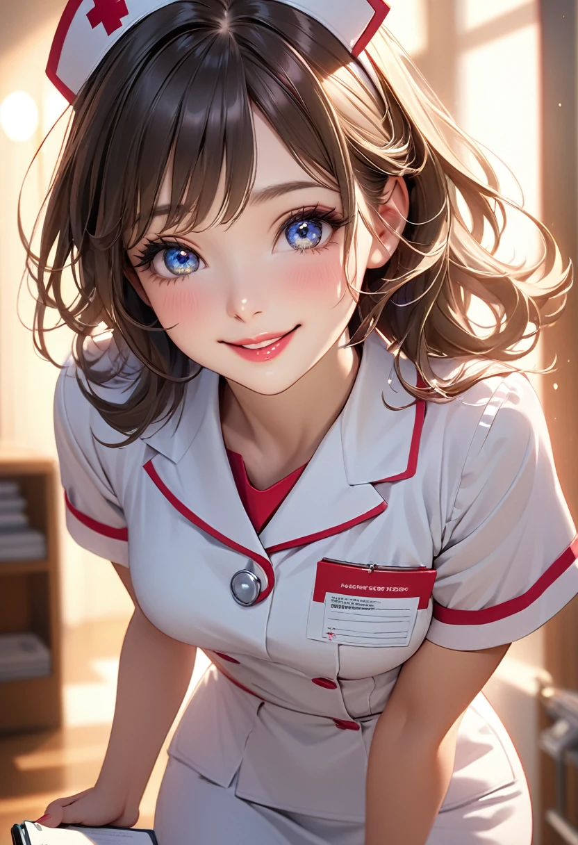 beautiful detailed eyes, beautiful detailed lips, extremely detailed eyes and face, long eyelashes, 1girl, nurse uniform, cute young nurse, holding a medical record, smiling, skipping, cheerful, warm smile, healing, calming atmosphere, vibrant colors, soft lighting, photorealistic, 8k, high quality, detailed, masterpiece, back view