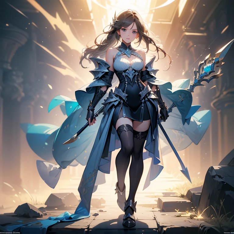 Design a layout showcase Gaming character, (1girl). Golden+Purle clothes, stylish and unique, ((showcase weapon:1.4)), magic staff, (masterpiece:1.2), (best quality), 4k, ultra-detailed, (Step by step design, layout art:1.5), (luminous lighting, atmospheric lighting), magican, ((glove full hands)), (((revealing clothes:1.3))), vambraces, armored legwear, (((full_body_shot:1.4)))
