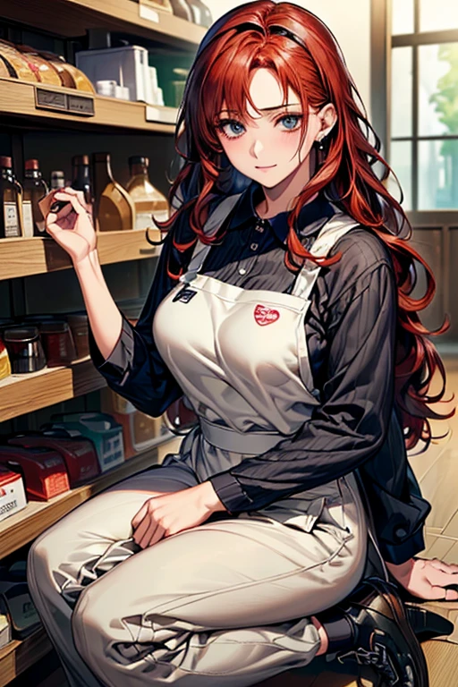 ((Highest quality)),(超High resolution),(Very detailed),(Detailed Description),((The best CG)),(masterpiece),Ultra-detailed art、(Highest quality、8k、32K、masterpiece)、(Realistic)、(Realistic:1.2)、(High resolution)、Very detailed、((Very beautiful face and eyes、Red hair、Loose wavy hair:1.6、hair band:1.9、carelessly tied hair:1.4))、1 female、Tight waist、Delicate body、(Highest quality、Attention to detail、Rich skin detail)、(Highest quality、8k、Oil paints:1.2)、Very detailed、(Realistic、Realistic:1.37)、Bright colors、Beautiful Japanese Women、Detailed face、Smooth Skin、Big Breasts、
"Part-time housewife working at a supermarket、((Light blue polo shirt、Features a simple logo and ribbed collar.。Bottoms are、Khaki Tapered Pants。Please wear a front apron or full-coverage apron of the same color、Shoes are black sneakers))。(Add accessories with a simple belt、This includes、This includes understated jewelry such as wedding rings and simple earrings.)。If necessary, Wear a light cardigan or jacket、(長い髪にはhair bandを使用する:1.6)。(((Fresh ingredients are everywhere in the background、Food on the shelves、You can see that the products are neatly arranged.:1.4)))。"
