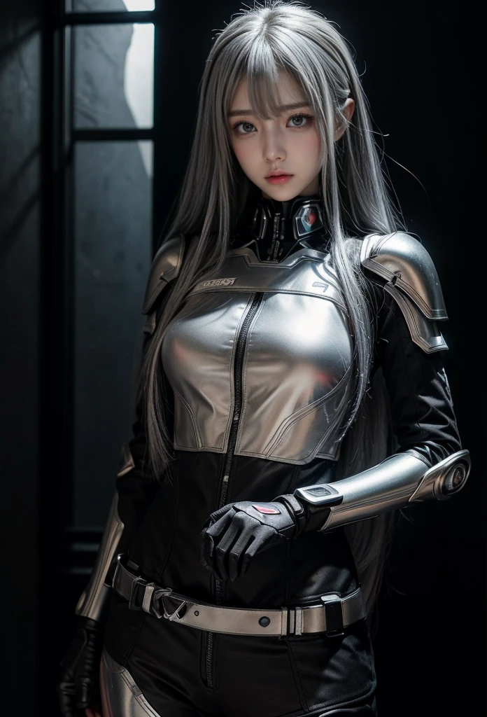 cyber angel,machine wing,{{Sci-Fi Armor}},cyber suit,cyberpunk,science fiction,cyber battle armor,Battledress,Military Uniforms,pants,black military uniform,whole body,Height: 168cm,almond shape eyes,{{{{{silver eyes}}}}},{{{{{dull bangs}}}}},(slanted eyes},{{whole body},{{{1 girl}}}, long hair, straight hair,{{{{silver hair}}}},{{{tsurime}}},30 years old,{Medium chest},{{bush}},silver eyes,{{{masterpiece}}}, {{{highest quality}}}, {{Super detailed}}, {shape}, {{very delicate and beautiful}},very detailed,detailed perfect,detailed hyper,Abundant thighs,big ass,black clothes