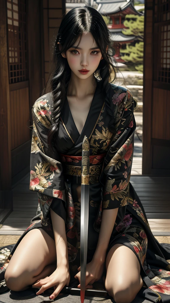 Ultra-high resolution,((masterpiece))),(((Highest quality))),((Very detailed)),((Very delicate and beautiful)), Beautiful 20 year old Japan girl,One girl,alone, Long legs, Long black hair, No bangs,knife,長いknifeを握っている,Long Hair,black eye,View your viewers,Traditional Japanese Clothing,Red, black and gold kimono, (whole body:1.2),The background is a Japanese castle, SakuraFubuki:1.4