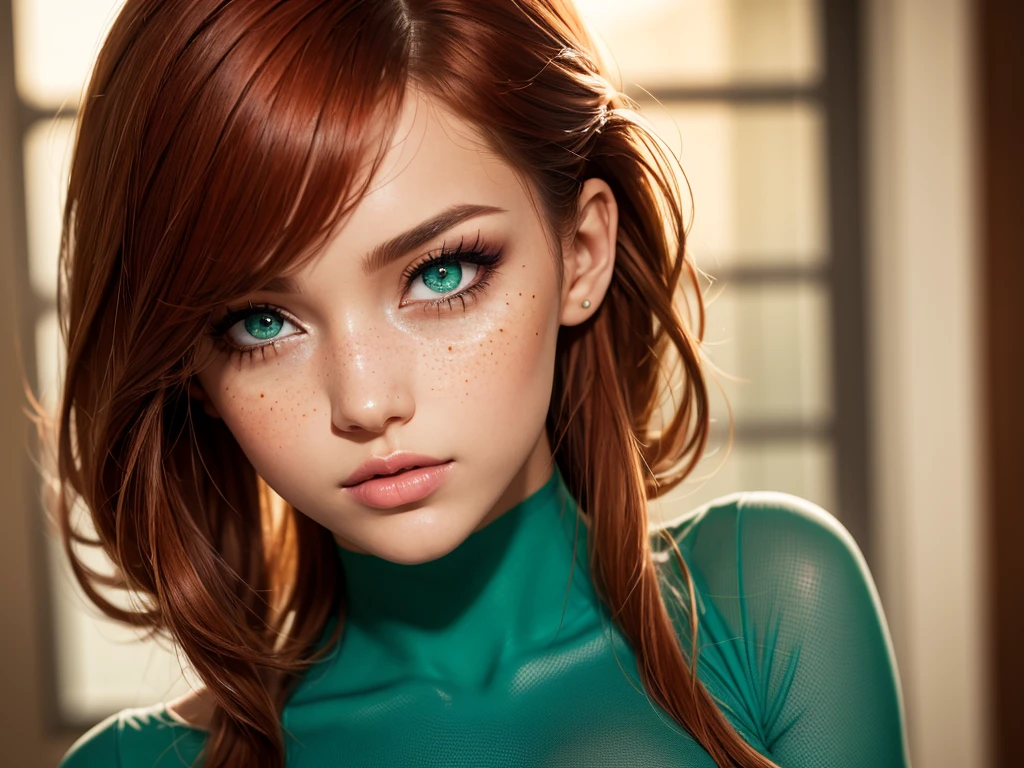(best quality, 4k, highres, highres face details), Irish girl aged 16 yrs old, 1girl, solo, red hair, long curly hair, parted bangs, messy bun, green eyes, constricted pupils, slim build, (textured skin, skin pores:1.1), large breasts, pale skin, colorful makeup, light freckles, perfect nose, thin lips, fake lashes, pretty face, cute face, wearing a green bodysuit, cinematic lighting, Ultra-Wide Angle, Canon, Hyperrealism, UHD, masterpiece, textured skin, realistic water texture, high details, best quality, detailed eyes, detailed iris, whole body photo, posing for the camera