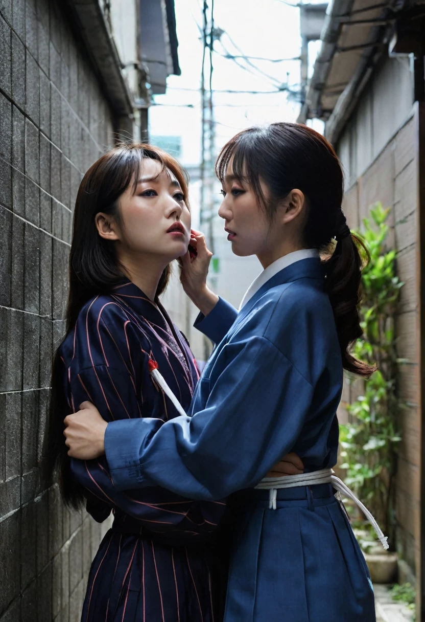 In a dark alley、A scene in which an 18-year-old Japanese woman wearing Korean make-up is strangled to death by a stranger with a cable tie、The woman's face is full of fear、The man's face is hidden in the shadows.、In the background, old buildings and garbage bags are scattered.。