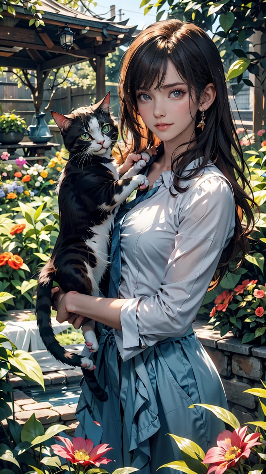 A woman and her cat enjoy gardening in a garden full of colorful flowers。She tended the flower beds、The cat is playing near her and chasing butterflies