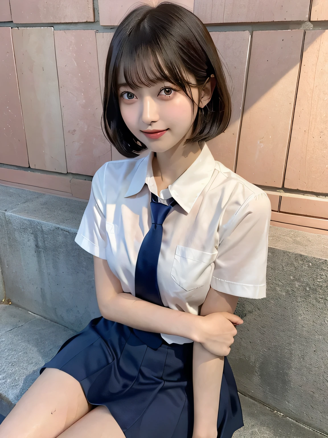 Japanese Girls、14-year-old girl、Short Bob Cut、bangs、Brown eyes、Perfect figure、Transparency、Gloss、Glamorous breasts、、Navy blue tie、Pink shirt、Red Skirt、Hirotake、Burning body、Gravure idol pose、Light blue wall、Beautiful feet、Strong sunlight、dirty、雨にWet体、Wet,Sitting in a chair、I can see your thighs、smile