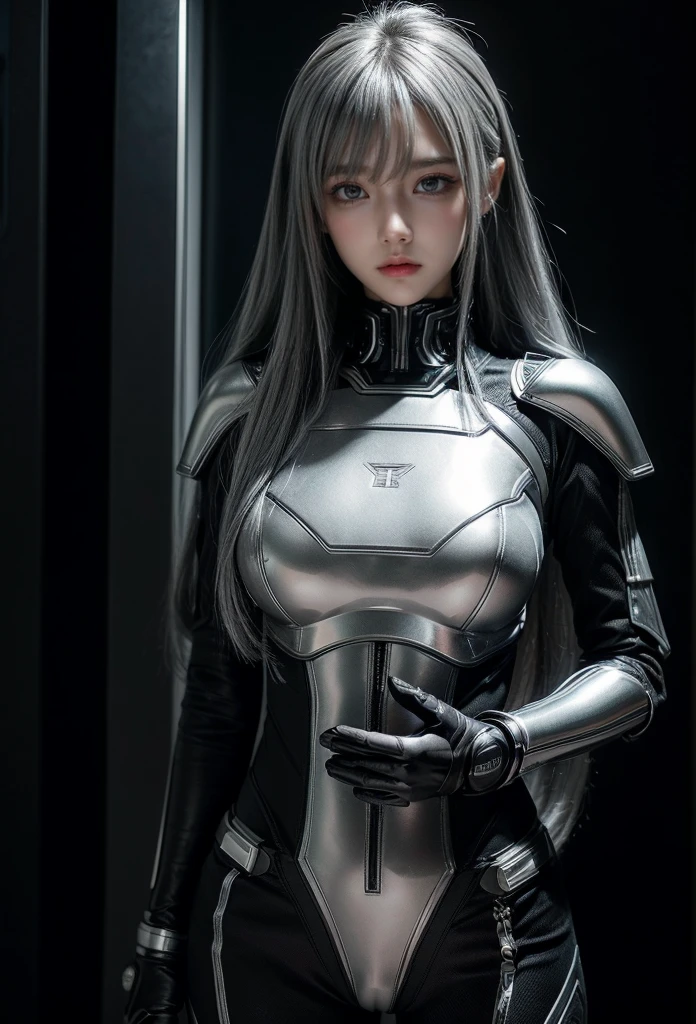 cyber angel,machine wing,{{Sci-Fi Armor}},cyber suit,cyberpunk,science fiction,cyber battle armor,Battledress,Military Uniforms,pants,black military uniform,whole body,Height: 168cm,almond shape eyes,{{{{{silver eyes}}}}},{{{{{dull bangs}}}}},(slanted eyes},{{whole body},{{{1 girl}}}, long hair, straight hair,{{{{silver hair}}}},{{{tsurime}}},30 years old,{Medium chest},{{bush}},silver eyes,{{{masterpiece}}}, {{{highest quality}}}, {{Super detailed}}, {shape}, {{very delicate and beautiful}},very detailed,detailed perfect,detailed hyper,Abundant thighs,big ass,black clothes