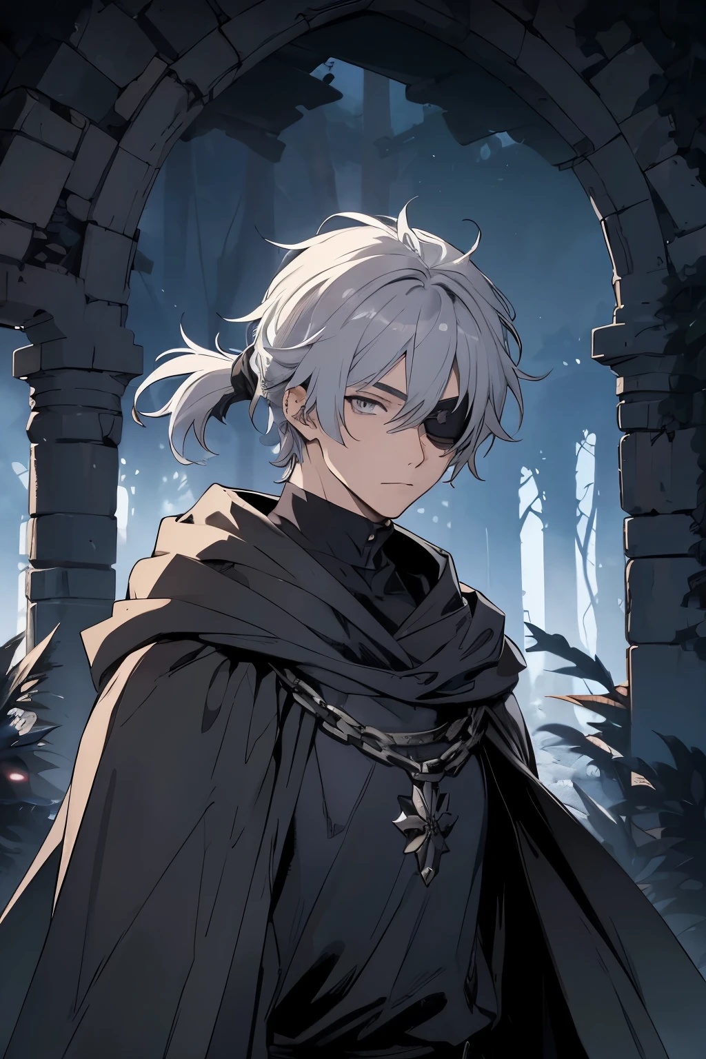Anime character, a man, medieval era. Young, 20 years old, large body, cold expression, fierce gaze. White beauty, short and messy gray hair, ponytail, left eye patch, black clothes, black shirt, dark cape with hood, chains. front camera, half body. In the middle of the moonlight, wind blowing through your hair, in the forest between a ruined temple.