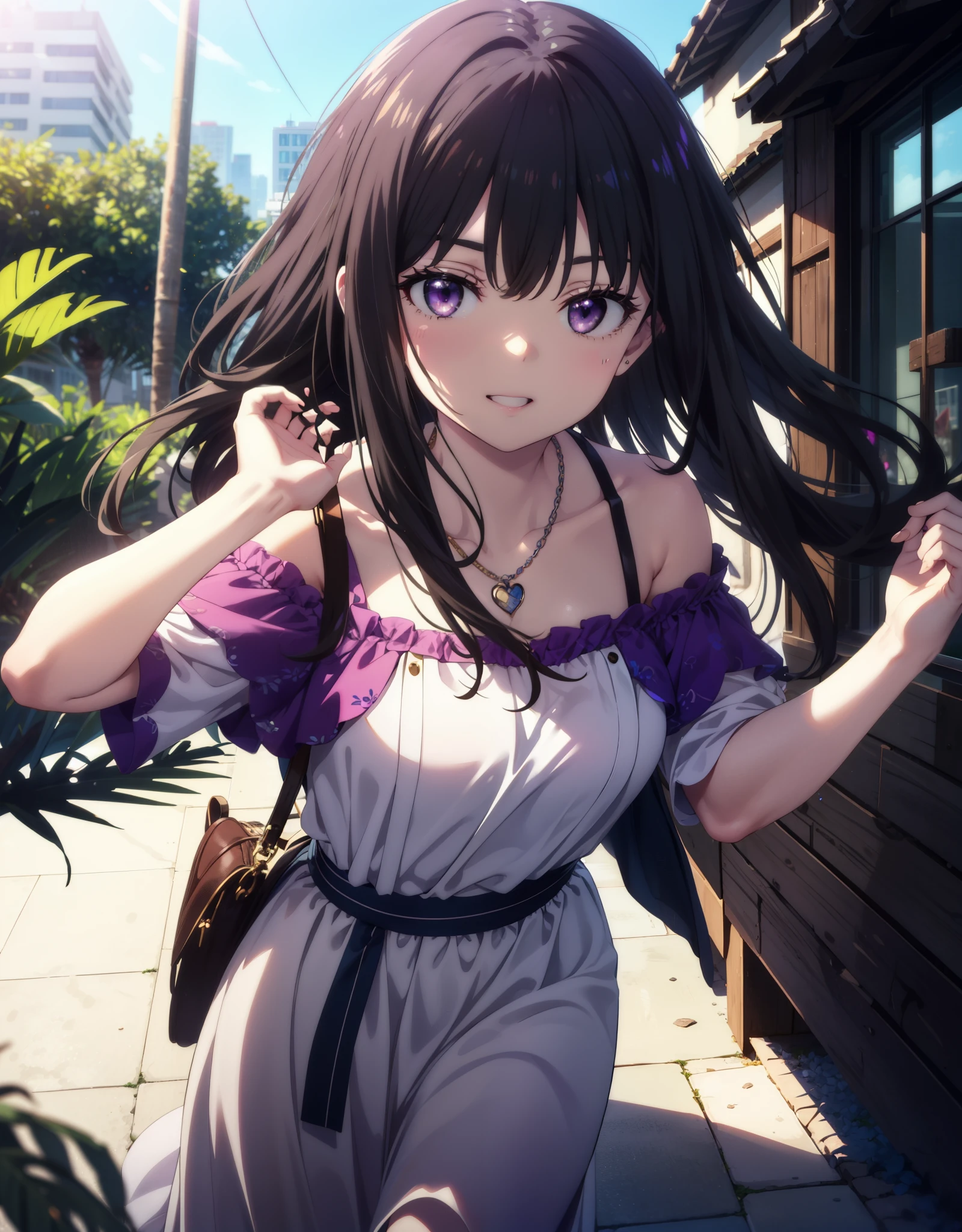 Takiuchikami, Long Hair, bangs, Black Hair, (Purple eyes:1.2),Blue off-shoulder dress,Long skirt,Heeled Sandals,Heart Necklace,Daytime,sunny,Palm tree,Walking,smile,Open your mouth,blush,whole bodyがイラストに入るように,
break outdoors, tropical,Building district,
break looking at viewer, whole body,
break (masterpiece:1.2), Highest quality, High resolution, unity 8k wallpaper, (shape:0.8), (Beautiful attention to detail:1.6), Highly detailed face, Perfect lighting, Extremely detailed CG, (Perfect hands, Perfect Anatomy),