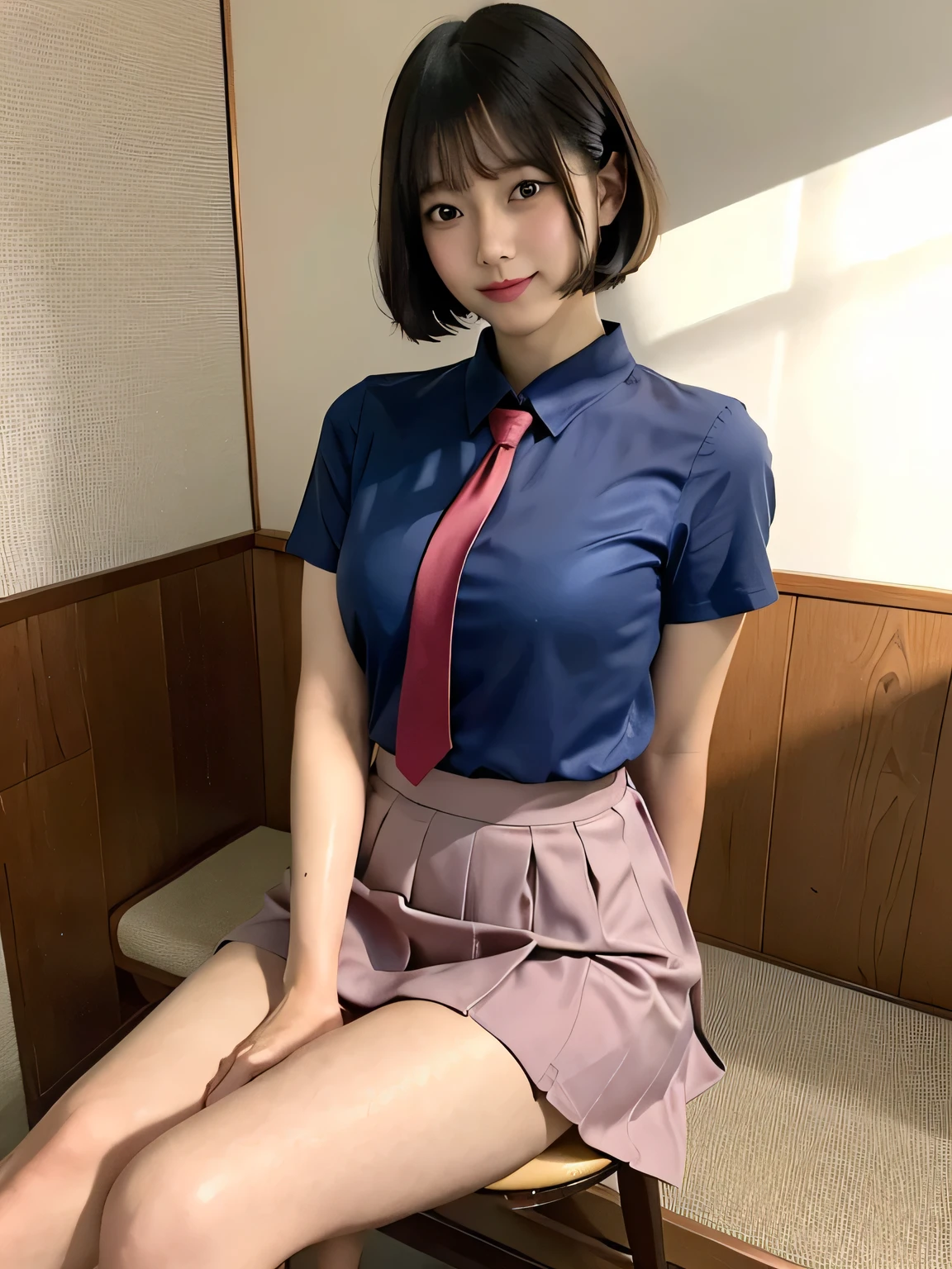 Japanese Girls、14-year-old girl、Short Bob Cut、bangs、Brown eyes、Perfect figure、Transparency、Gloss、Glamorous breasts、、Navy blue tie、Pink shirt、Red Skirt、Hirotake、Burning body、Gravure idol pose、Light blue wall、Beautiful feet、Strong sunlight、dirty、雨にWet体、Wet,Sitting in a chair、I can see your thighs、smile