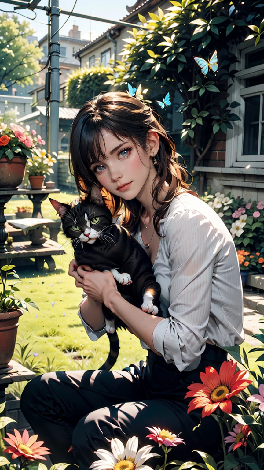 A woman and her cat enjoy gardening in a garden full of colorful flowers。She tended the flower beds、The cat is playing near her and chasing butterflies