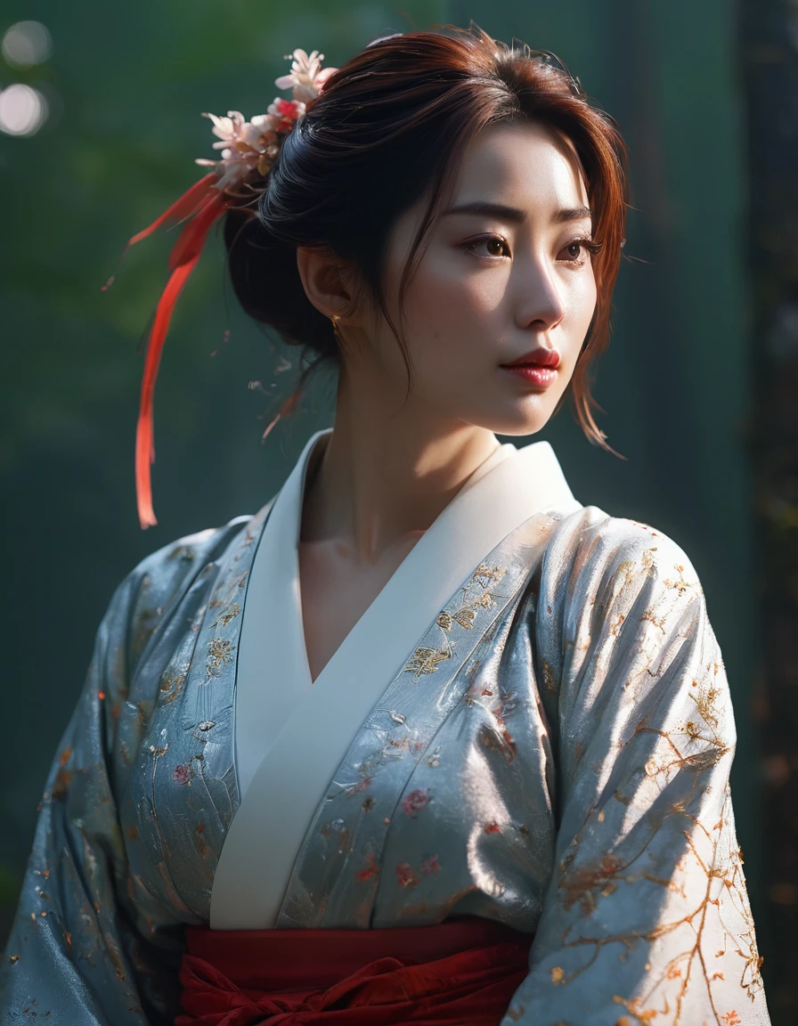 A beautiful cute Japanese woman, still from the film, (Anne Hathaway look alike face: 0.7), ultra high resolution,(((masterpiece))),(((best quality))),((super detailed)),((extremely delicate and beautiful)),cinematic light,detailed environment,(real),(1girl, solo, male focus:1.3),(holding sword:1.2),(dark red and light gold:1.3),(hair pulled back, floating hair:1.1),designed by greg manchess,smoke,a model woman,bright eyes,glossy lips,trending on art station,photoreal,8 k,octane render by greg rutkowski,art by Carne Griffiths and Wadim Kashin,in the style of Dau-al-Set,Pollock,and inspired by MAPPA and Zdzislaw Beksinski,hanfu,[attractive breasts],cleavage,(sutocking beautiful,cure lovely,shy,implicit,perseverance),metal reflection,prismatic colors, Contax 645 + Zeiss Planar T 80mm f/2, Rollei Crossbird 200 film, bokeh, rim lighting, silhouette, shallowed depth of field, dynamic hands up,