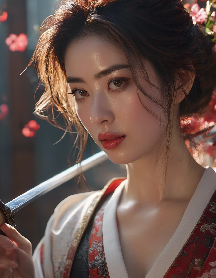 A beautiful cute Japanese woman, still from the film, (Anne Hathaway look alike face: 0.7), ultra high resolution,(((masterpiece))),(((best quality))),((super detailed)),((extremely delicate and beautiful)),cinematic light,detailed environment,(real),(1girl, solo, male focus:1.3),(holding sword:1.2),(dark red and light gold:1.3),(hair pulled back, floating hair:1.1),designed by greg manchess,smoke,a model woman,bright eyes,glossy lips,trending on art station,photoreal,8 k,octane render by greg rutkowski,art by Carne Griffiths and Wadim Kashin,in the style of Dau-al-Set,Pollock,and inspired by MAPPA and Zdzislaw Beksinski,hanfu,[attractive breasts],cleavage,(sutocking beautiful,cure lovely,shy,implicit,perseverance),metal reflection,prismatic colors, Contax 645 + Zeiss Planar T 80mm f/2, Rollei Crossbird 200 film, bokeh, rim lighting, silhouette, shallowed depth of field, dynamic hands up,