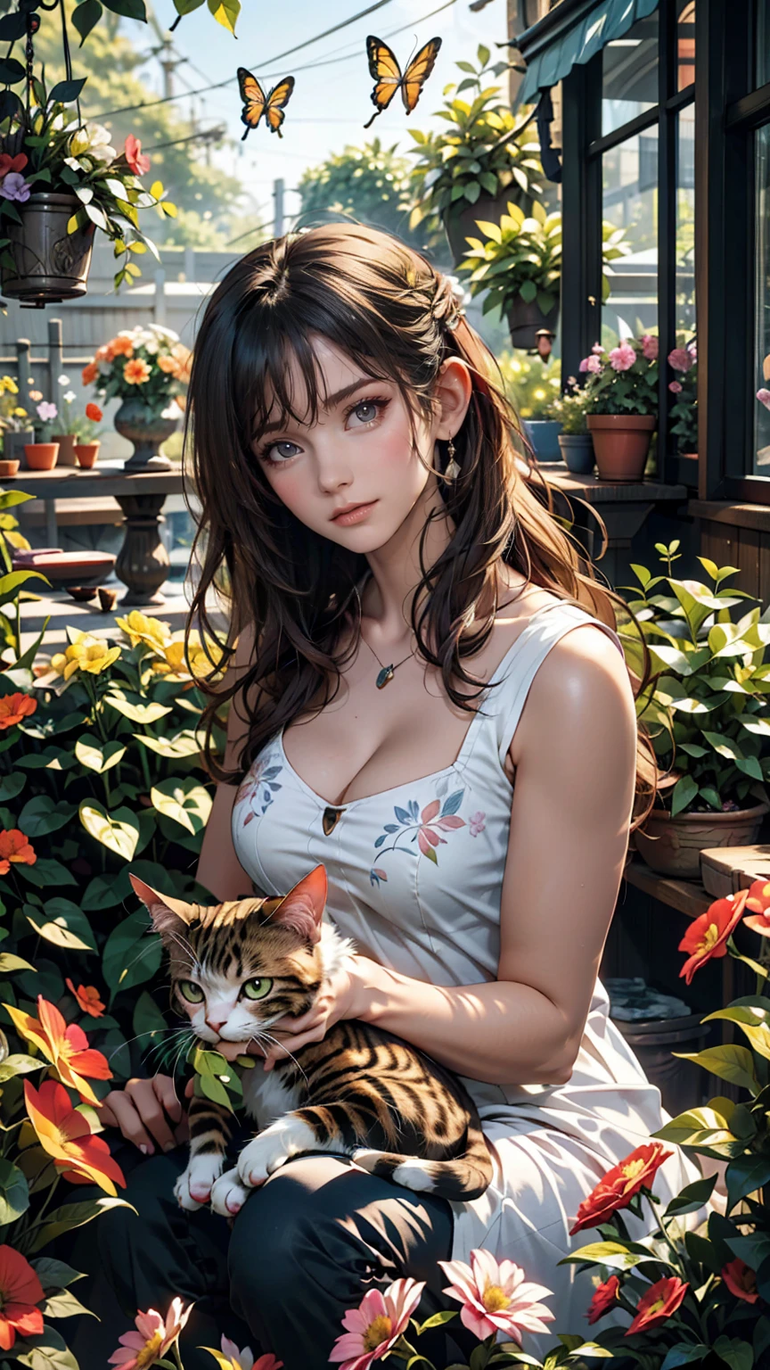 A woman and her cat enjoy gardening in a garden full of colorful flowers。She tended the flower beds、The cat is playing near her and chasing butterflies