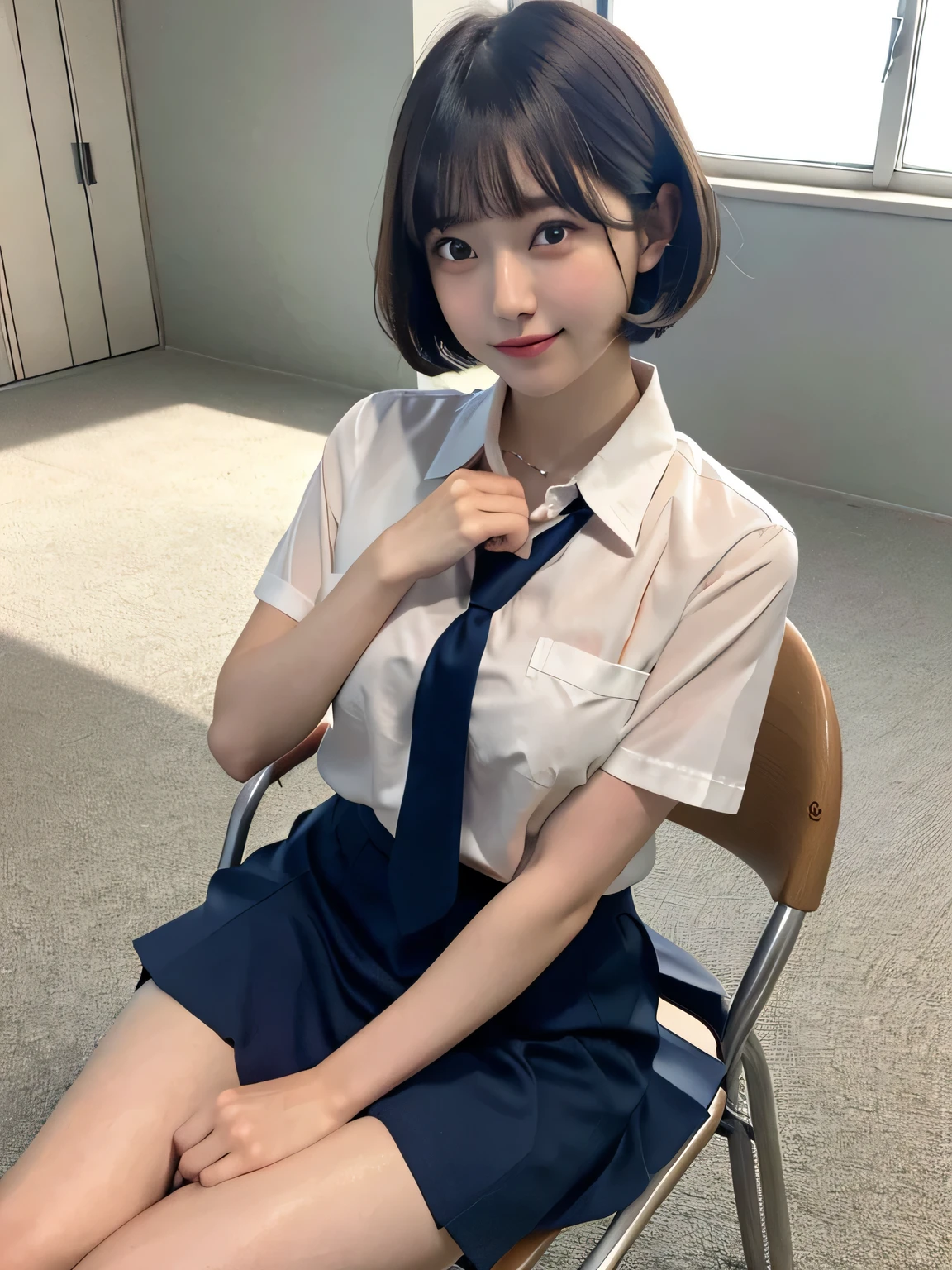 Japanese Girls、14-year-old girl、Short Bob Cut、bangs、Brown eyes、Perfect figure、Transparency、Gloss、Glamorous breasts、、Navy blue tie、Pink shirt、Red Skirt、Hirotake、Burning body、Gravure idol pose、Light blue wall、Beautiful feet、Strong sunlight、dirty、雨にWet体、Wet,Sitting in a chair、I can see your thighs、smile