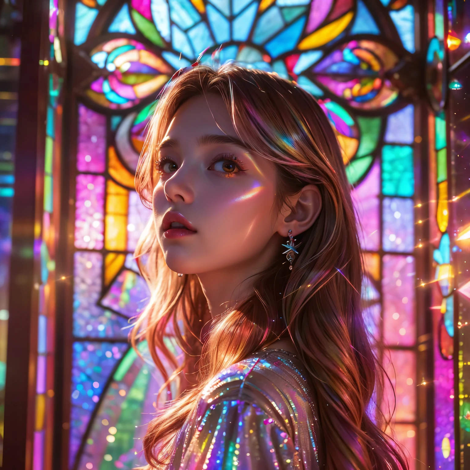 RubyRed (ZoomLayer) TopQuality 8K masterpiece of ((Professional photo)), (((Clarisse de Cagliostro))) (Detailed White WeddingDresses), Chain, (((Extremely detailed KAWAII face))) {((VeiledFace))|BlondeHair|(Elaborate BuleEyes)with(SparklingHighlights:1.28)}, The background is distant (((Elaborate stained glass))) Rainbow Glass, {(MysticSight)|EnchantingAtmosphere|Haze|(GodRays)|TyndallEffect}, Radiant PearlSkin with Transparency, (Exposed:0.39)
