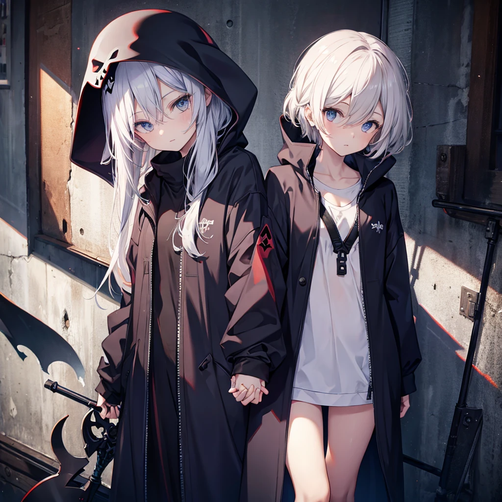 (((Grim Reaper's Scythe))) (((Gray Hair Short Hair blue eyes girl))),((night full moon My own big wings)),(Wearing a hood Black camisole Purple light), A tense look Shining Background Shining Edge