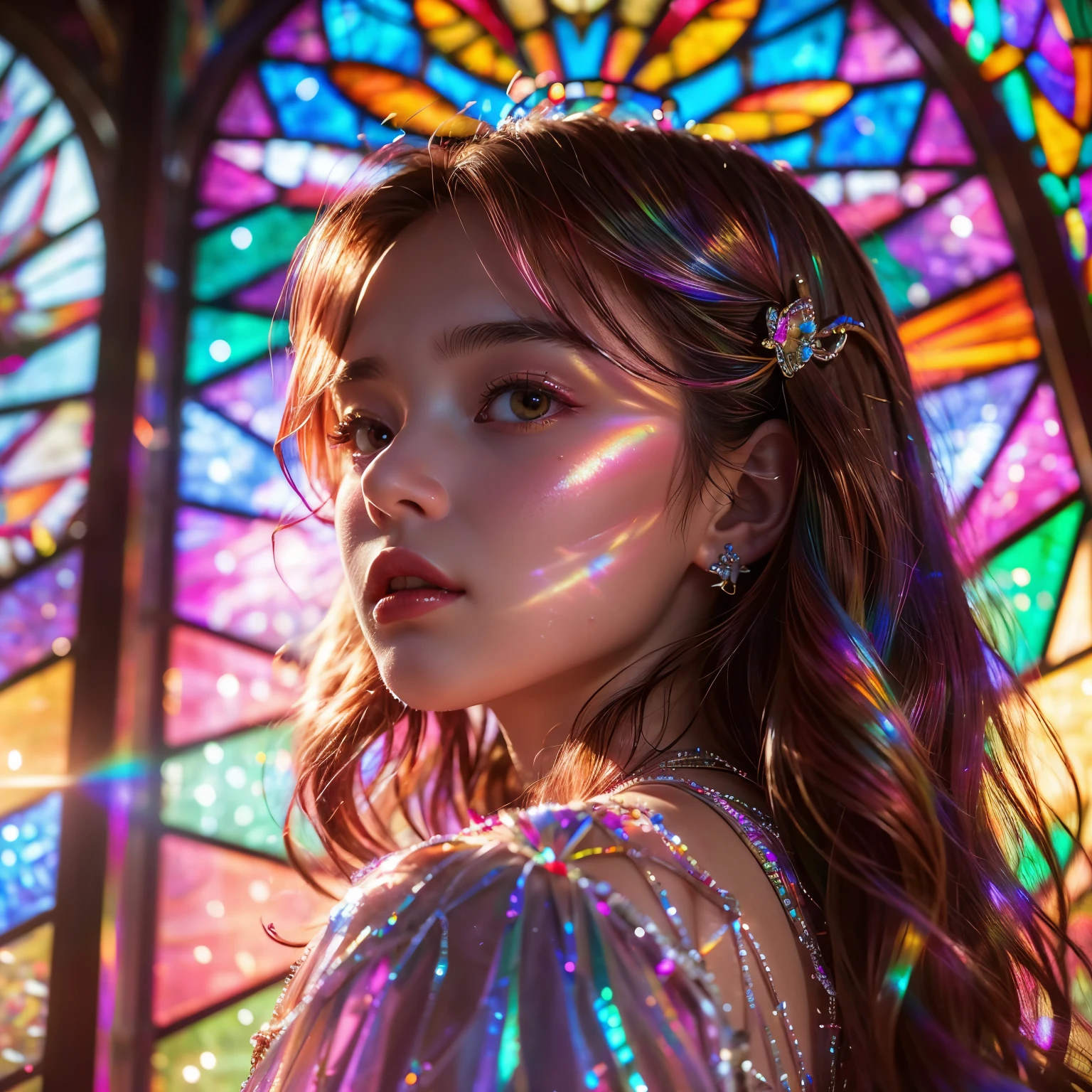 RubyRed (ZoomLayer) TopQuality 8K masterpiece of ((Professional photo)), (((Clarisse de Cagliostro))) (Detailed White WeddingDresses), Chain, (((Extremely detailed KAWAII face))) {((VeiledFace))|BlondeHair|(Elaborate BuleEyes)with(SparklingHighlights:1.28)}, The background is distant (((Elaborate stained glass))) Rainbow Glass, {(MysticSight)|EnchantingAtmosphere|Haze|(GodRays)|TyndallEffect}, Radiant PearlSkin with Transparency, (Exposed:0.39)