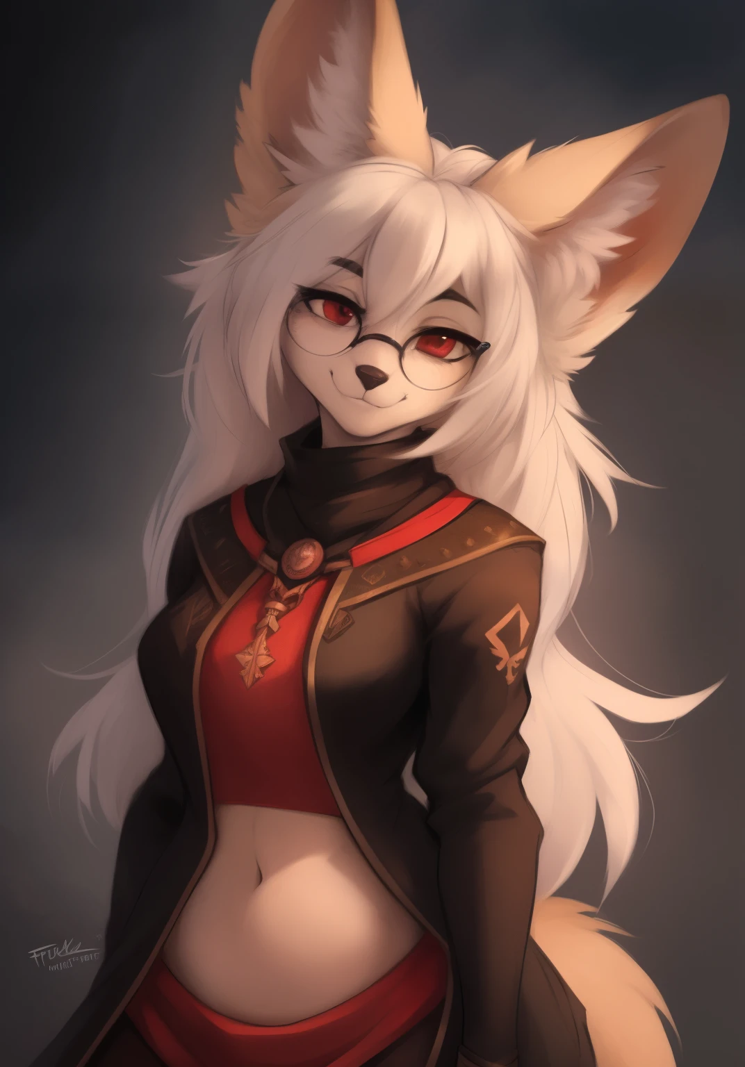 by Zackary911, by Kenket, by Kilinah, by fluff-kevlar, anthro, mommy female fennec fox, solo, long white hair, full body, one big tail, dark background. dark priest with balck and red cloack open belly, round glasses, full body concept, realism, reference, red eyes