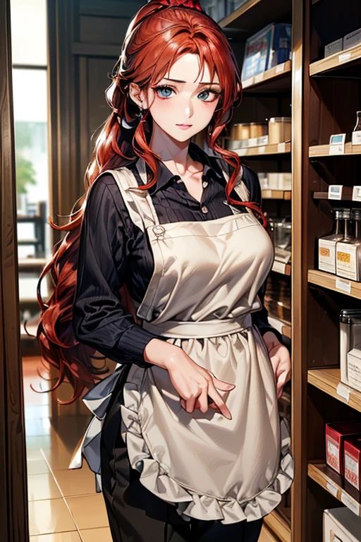 ((Highest quality)),(超High resolution),(Very detailed),(Detailed Description),((The best CG)),(masterpiece),Ultra-detailed art、(Highest quality、8k、32K、masterpiece)、(Realistic)、(Realistic:1.2)、(High resolution)、Very detailed、((Very beautiful face and eyes、Red hair、Loose wavy hair:1.6、hair band:1.9、Low ponytail:1.4))、1 female、Tight waist、Delicate body、(Highest quality、Attention to detail、Rich skin detail)、(Highest quality、8k、Oil paints:1.2)、Very detailed、(Realistic、Realistic:1.37)、Bright colors、Beautiful Japanese Women、Detailed face、Smooth Skin、Big Breasts、
"Part-time housewife working at a supermarket、((Light blue polo shirt、Features a simple logo and ribbed collar.。Bottoms are、Khaki Tapered Pants。Please wear a front apron or full-coverage apron of the same color、Shoes are black sneakers))。(Add accessories with a simple belt、This includes、This includes understated jewelry such as wedding rings and simple earrings.)。If necessary, Wear a light cardigan or jacket、(長い髪にはhair bandを使用する:1.6)。(((Fresh ingredients are everywhere in the background、Food on the shelves、You can see that the products are neatly arranged.:1.4)))。"