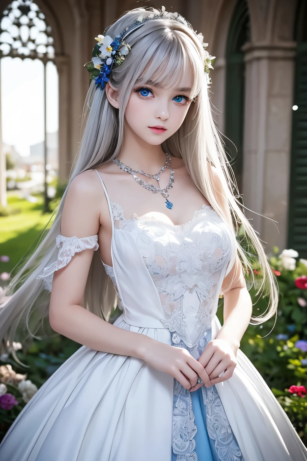 masterpiece,Highest quality,Very detailed,beautiful girl,Gorgeous white gothic lolita dress,Gorgeous necklace, teenager, (full body),Silver Hair,blue eyes,Perfect Face,Beautiful and detailed eyes,Beautiful Skin,skinny,Dynamic,Outdoor,Beautiful flowering garden,Lots of flowers