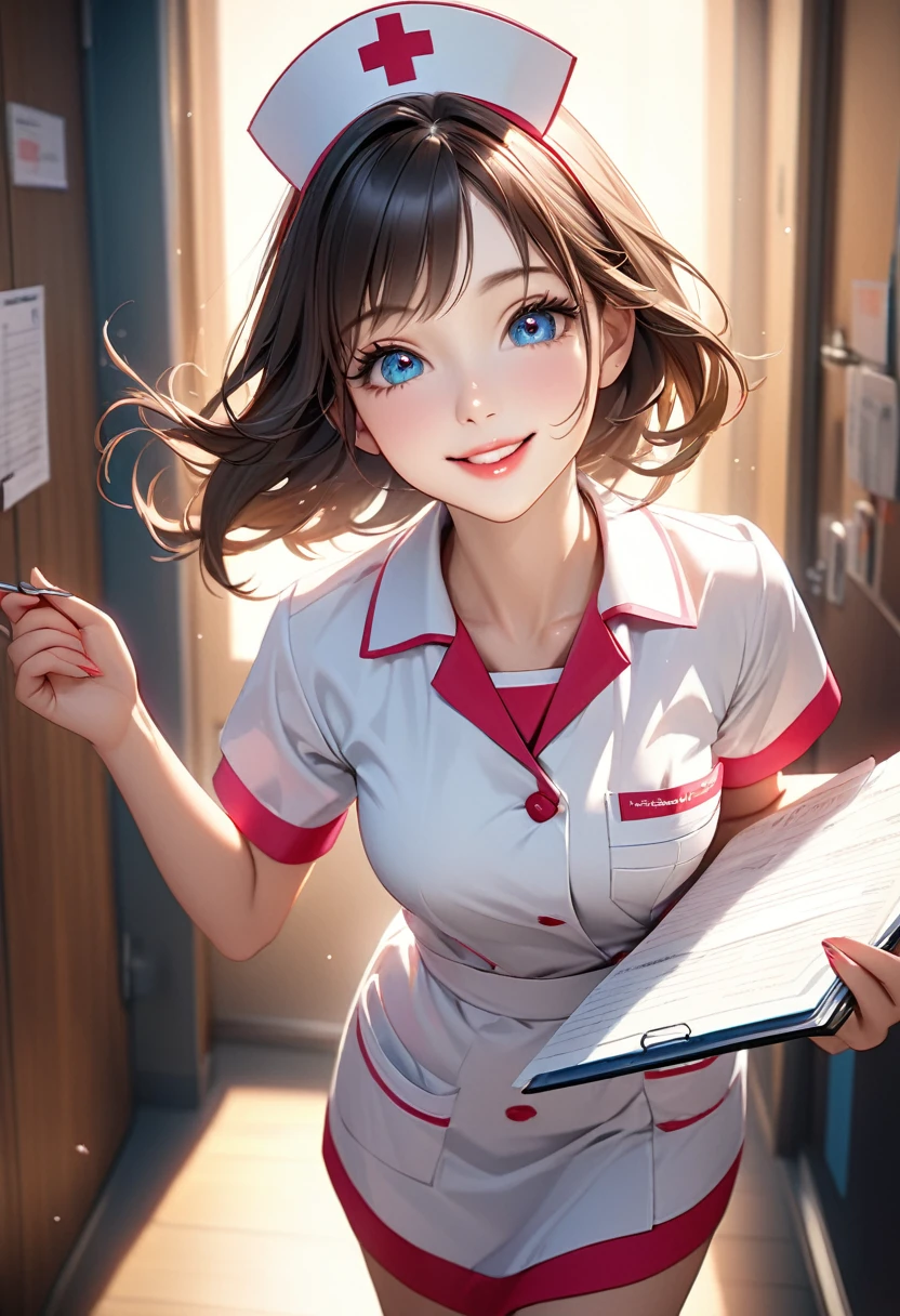 beautiful detailed eyes, beautiful detailed lips, extremely detailed eyes and face, long eyelashes, 1girl, nurse uniform, cute young nurse, holding a medical record, smiling, skipping, cheerful, warm smile, healing, calming atmosphere, vibrant colors, soft lighting, photorealistic, 8k, high quality, detailed, masterpiece, back view