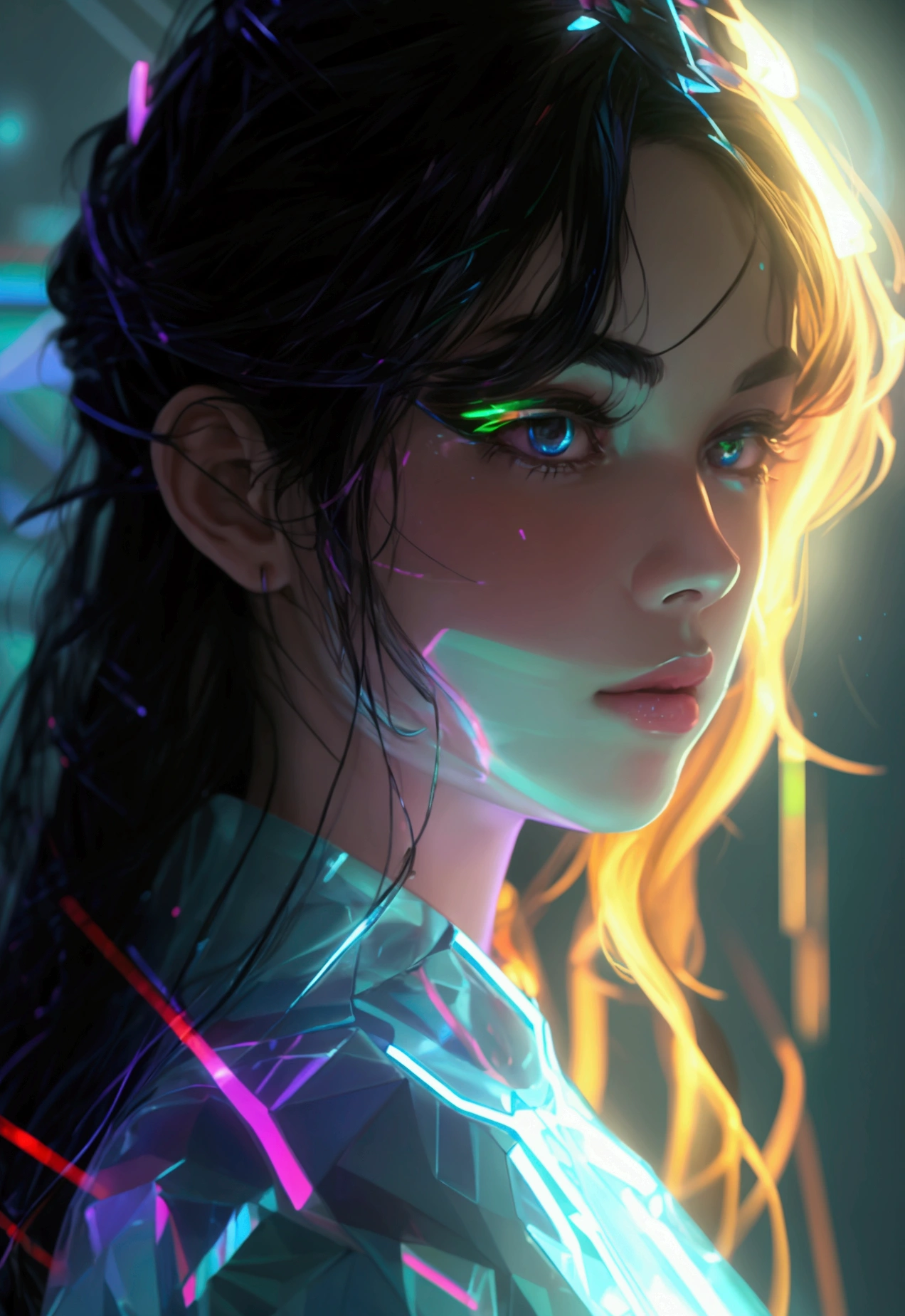 holographic glowing neon lines, polygonal lights dark background.