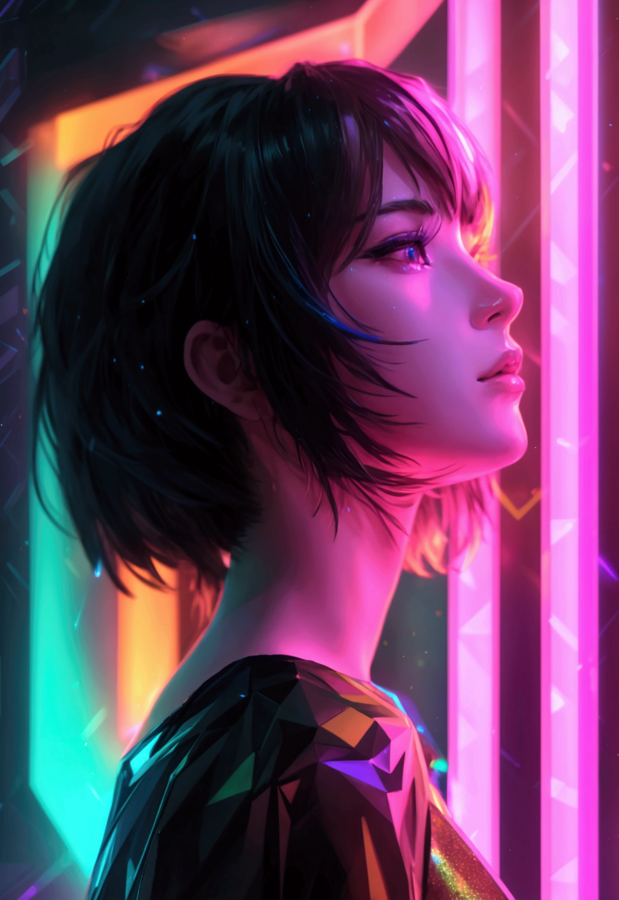 holographic glowing neon lines, polygonal lights dark background.
