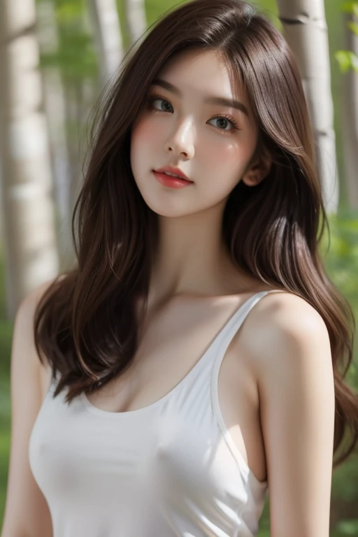 Top quality, RAW Photo, Highest Quality Image, 16K, Full body, Age 22 years old, Realistic, Photorealistic, Beautiful Asian woman, Sexy, body, White pale skin, Beautiful hair, Wavy hair, Brown Hair,, Short hairstyle, Detailed face, Detailed body, Detailed skin, Double eyelids, Big eyes, long eyelashes, bright eyes, green eyes, natural lips, detailed lips, Saggy breasts, Very Small breasts, Flat Breasts, long shape breasts, posing in Aspen forest , sunny day light , light through Aspen trees, wearing white shirt, Camera angle from below