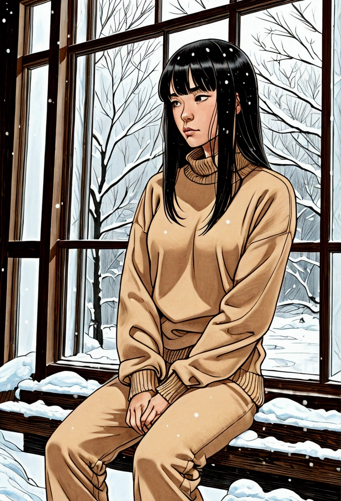beautiful girl, beautiful American Chinese girl, with bangs, medium length hair, 19 years; I looked at that, how the snow falls. The window reflected her image. I saw a melancholy and sad look on myself, and looked at the yard again. She leaned against the edge of the window and leaned her elbows. I ran my finger across the glass with my right hand. She was wearing a beige sweater and dark sweatpants. Black socks are on my feet.