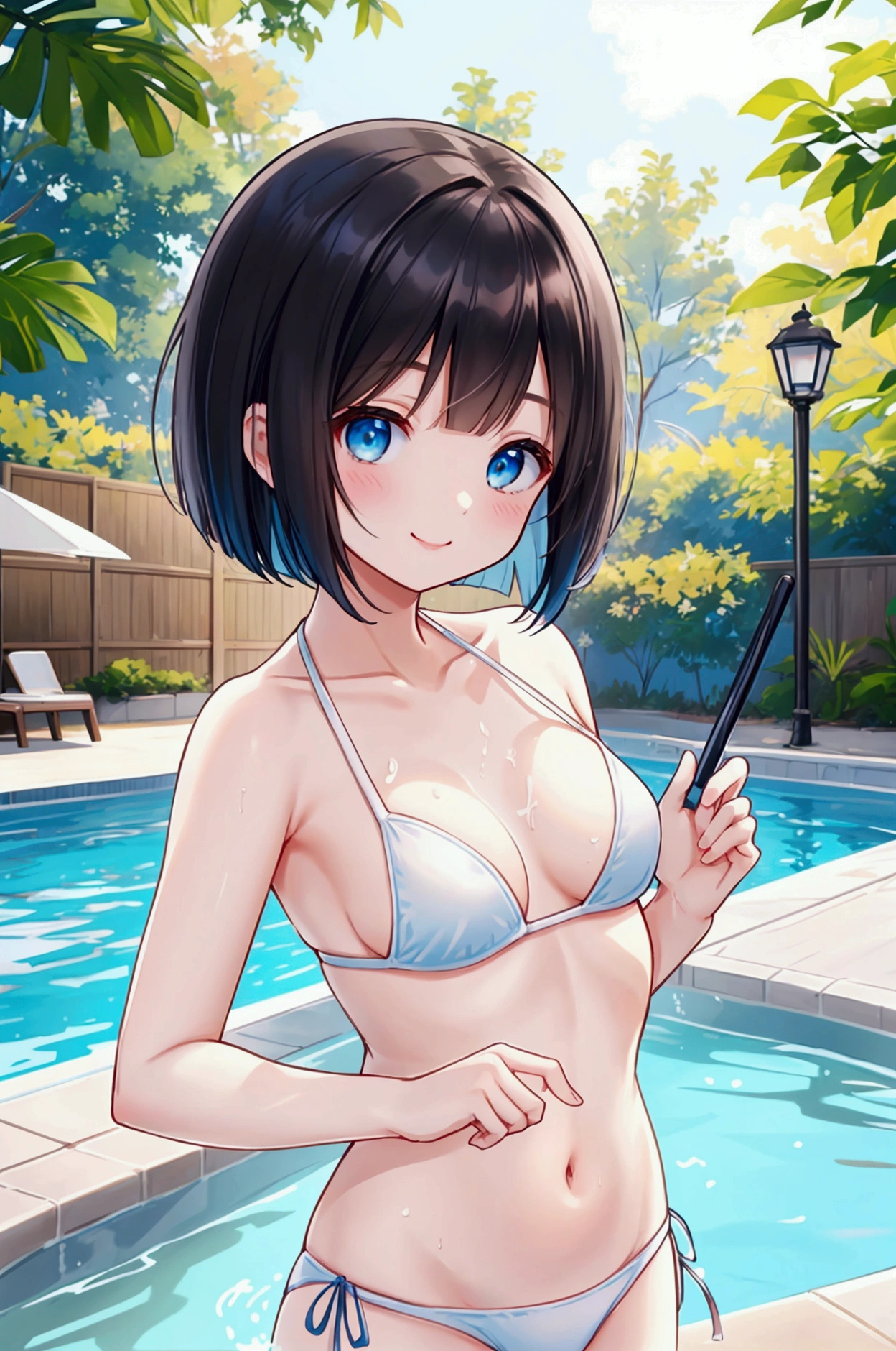 Photorealistic、Highest quality、Highest Resolution、Highest quality、８Ｋ、1人のBeautiful woman、Beautiful woman、Beautiful woman、cute、Bob cut hair、Dark Hair Color、Pale blue eyes、cute水着、Sunny day pool、Swim ring、smile、looks fun、