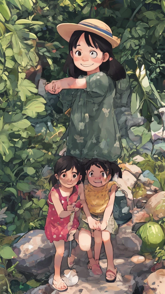 masterpiece,best quality,multiple girls,3girls,beach,fruit,food,watermelon,water,sandals,hat,black hair,hair bobbles,shorts,skirt,short hair,dappled sunlight,hairband,outdoors,straw hat,hair ornament,dress,nature,rock,sunlight,long hair,twintails,polka dot,smiling,