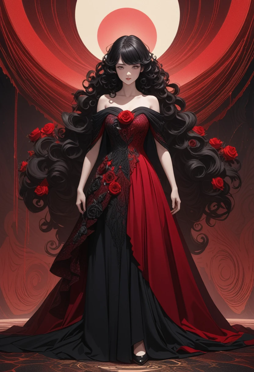 Intricately detailed illustration of a woman with black hair, long and voluminous curly hair, red rose in her left side of hair, Caucasian skin, vibrant red dress with small slit with a black fabric underneath at the bottom showing only in the middle, full body shot shot, Fantastic, Imaginative, visually rich, atmospheric, reference to witchcraft