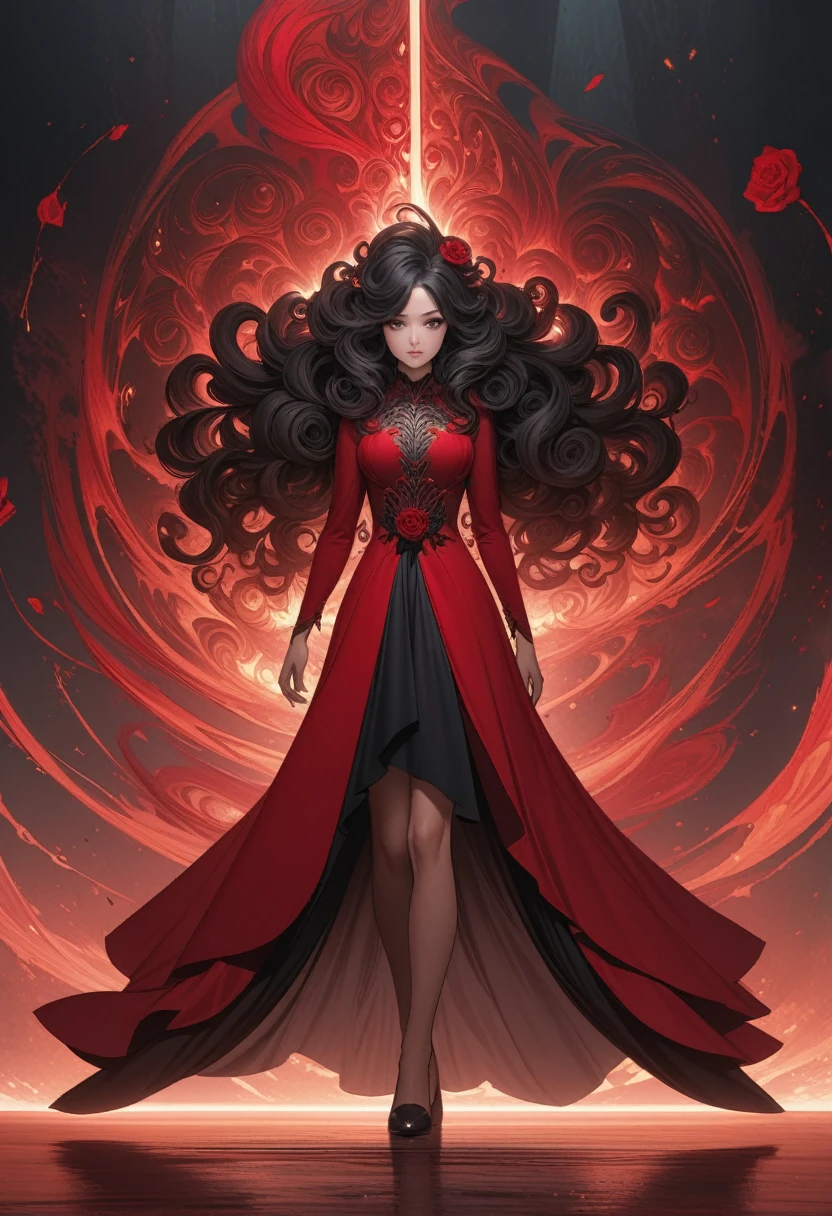 Intricately detailed illustration of a woman with black hair, long and voluminous curly hair, red rose in her left side of hair, Caucasian skin, vibrant red dress with small slit with a black fabric underneath at the bottom showing only in the middle, full body shot shot, Fantastic, Imaginative, visually rich, atmospheric, reference to witchcraft