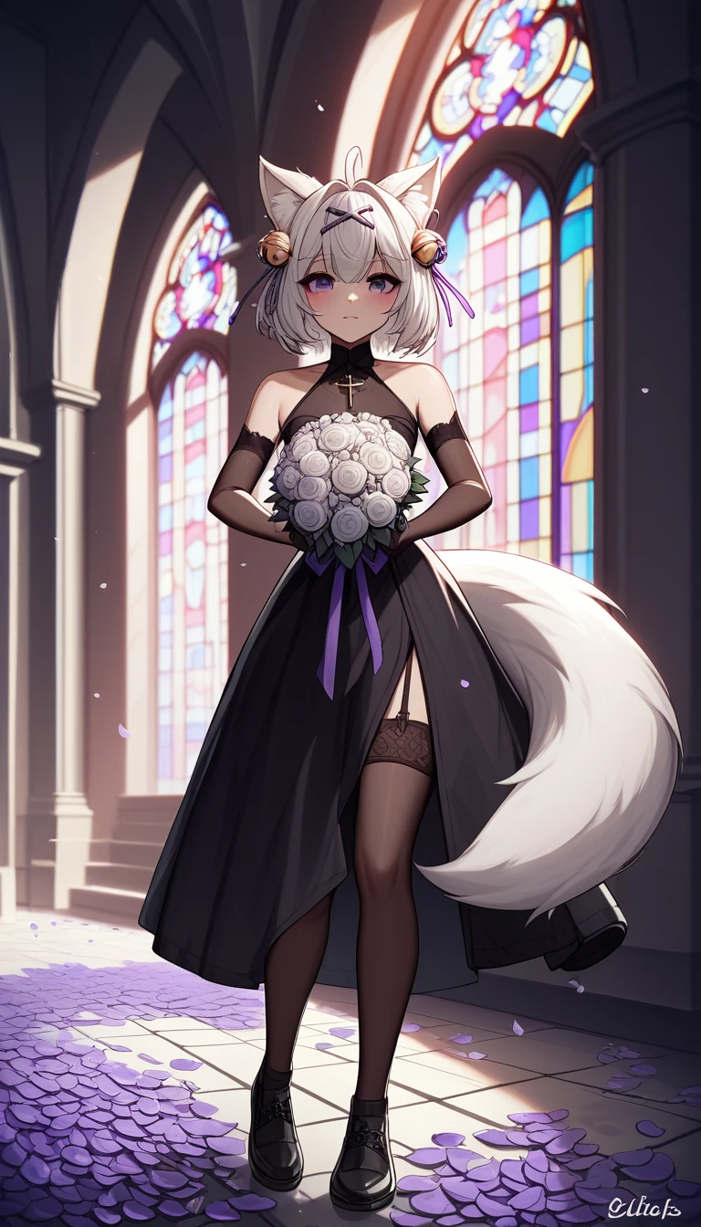 UHD, masterpiece, best quality, moody atmosphere, ((Night)), ((Church ruins)), altar ruins, church isle, 1girl, tall, solo, Filian, fluffy fox tail, tail pointing down, small cat ears, white hair, short hair, ahoge, hairclip, hair bell, big purple eyes, slight blush, seductive smile, a-line black gown, long black veil, black bridal veil, black lace arm sleeves, black gloves, black lace stockings, black knee length boots, full body pose, cross legs, legs crossing, seductive pose, holding bridal bouquet with purple ribbon, raining black and purple petals, ((falling petals))