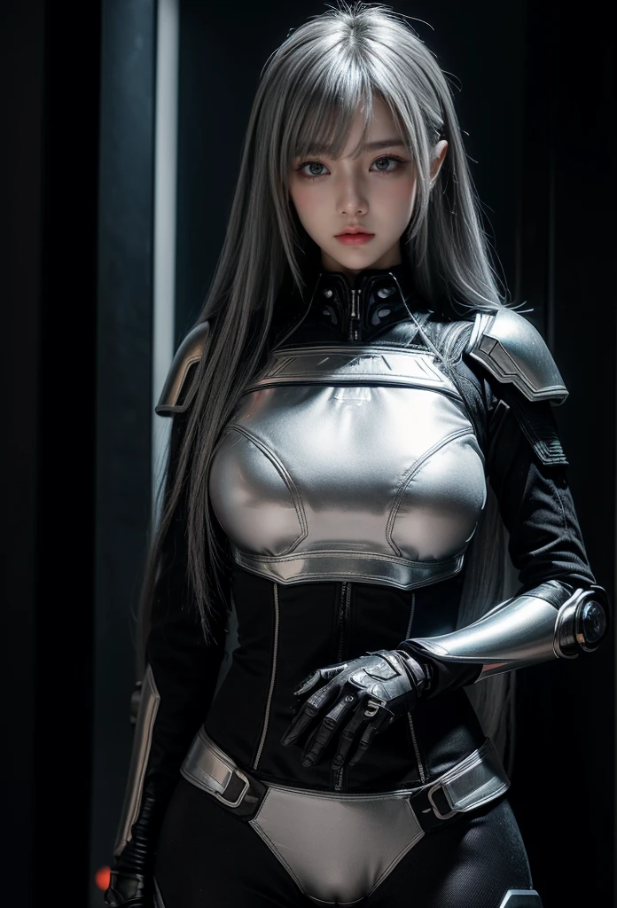 cyber angel,machine wing,{{Sci-Fi Armor}},cyber suit,cyberpunk,science fiction,cyber battle armor,Battledress,Military Uniforms,pants,black military uniform,whole body,Height: 168cm,almond shape eyes,{{{{{silver eyes}}}}},{{{{{dull bangs}}}}},(slanted eyes},{{whole body},{{{1 girl}}}, long hair, straight hair,{{{{silver hair}}}},{{{tsurime}}},30 years old,{Medium chest},{{bush}},silver eyes,{{{masterpiece}}}, {{{highest quality}}}, {{Super detailed}}, {shape}, {{very delicate and beautiful}},very detailed,detailed perfect,detailed hyper,Abundant thighs,big ass,black clothes