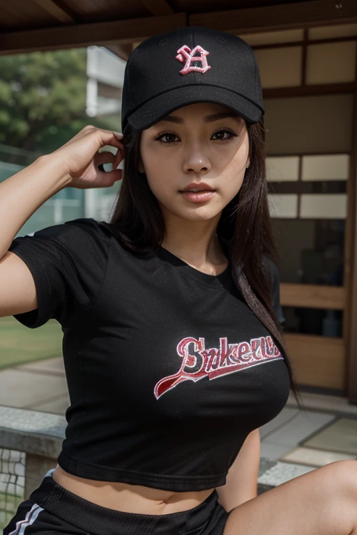 best quality,8K,32K,Works,super high definition：1.2）Japanese woman wearing baseball cap,Smooth face full face,Black short sleeves, big breasts,sexy clothes