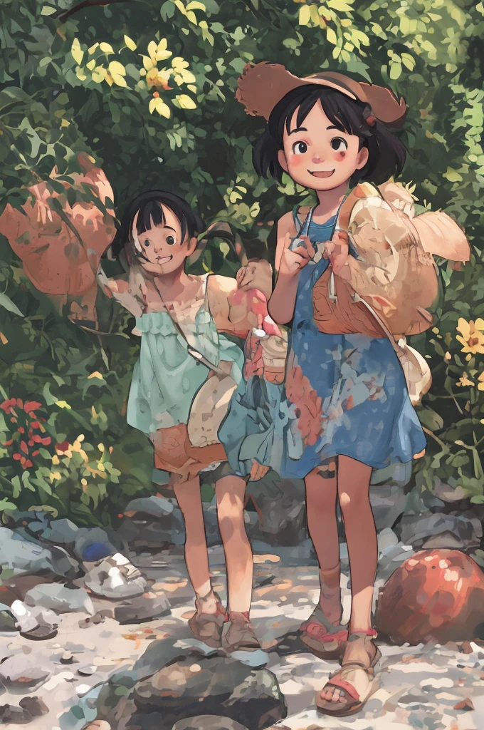 masterpiece,best quality,multiple girls,3girls,beach,fruit,food,watermelon,water,sandals,hat,black hair,hair bobbles,shorts,skirt,short hair,dappled sunlight,hairband,outdoors,straw hat,hair ornament,dress,nature,rock,sunlight,long hair,twintails,polka dot,smiling,