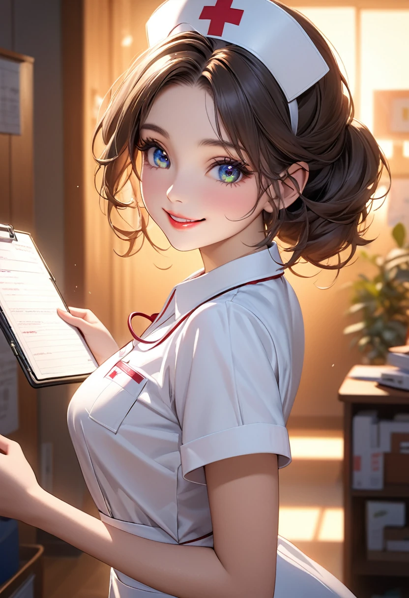 beautiful detailed eyes, beautiful detailed lips, extremely detailed eyes and face, long eyelashes, 1girl, nurse uniform, cute young nurse, holding a medical record, smiling, skipping, cheerful, warm smile, healing, calming atmosphere, vibrant colors, soft lighting, photorealistic, 8k, high quality, detailed, masterpiece, back view